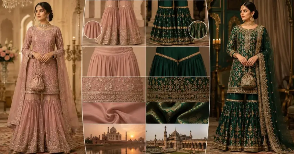 Sharara vs Gharara comparison showing the difference between continuous flared sharara pants and knee-seamed gharara pants.