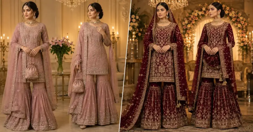 Sharara vs gharara comparison helping brides choose the best outfit based on style, comfort, and occasion.