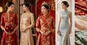 Elegant silk Chinese wedding attire featuring traditional Qipao and Xiuhefu styles with intricate embroidery, luxurious fabrics, and timeless bridal fashion inspired by trends popular in the USA, UK, and Canada.