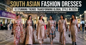 Elegant South Asian Fashion Dresses showcasing traditional craftsmanship, modern trends, vibrant colors, and luxurious fabrics in 2026 fashion collections.