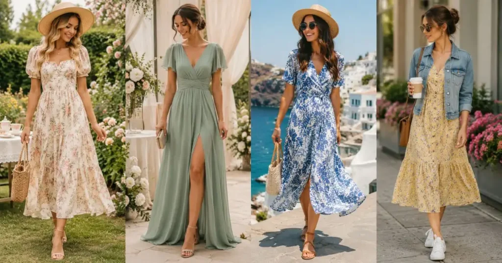 Spring dresses styled for different occasions, including casual daytime looks, elegant outfits for weddings or celebrations, and comfortable vacation wear, all featuring light fabrics and seasonal colors.