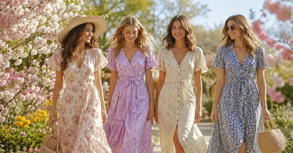 Floral Spring Dresses styled with sandals and a straw handbag.