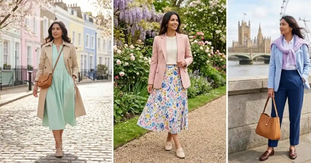 Spring Fashion Trends in the United Kingdom featuring elegant floral dresses, pastel colors, and stylish seasonal outfits for women.