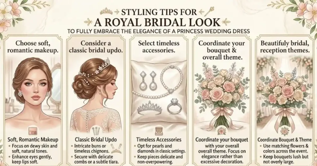 Royal bridal look featuring a princess wedding dress, elegant tiara, cathedral veil, sparkling jewelry, and classic wedding accessories for a timeless fairytale appearance.
