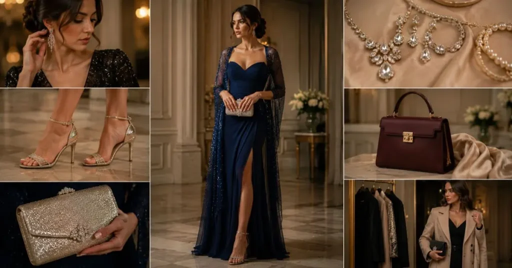 Styling Tips for Designer Dresses featuring a luxury designer gown paired with elegant jewelry, stylish heels, a sophisticated handbag, and tailored outerwear to create a polished and fashionable look.