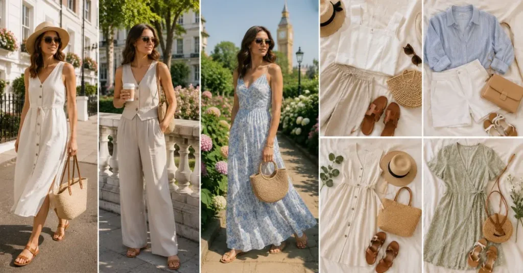 Light and stylish summer outfit ideas for warm British days, featuring breathable dresses, linen tops, shorts, sandals, and pastel colors for a fresh seasonal look.