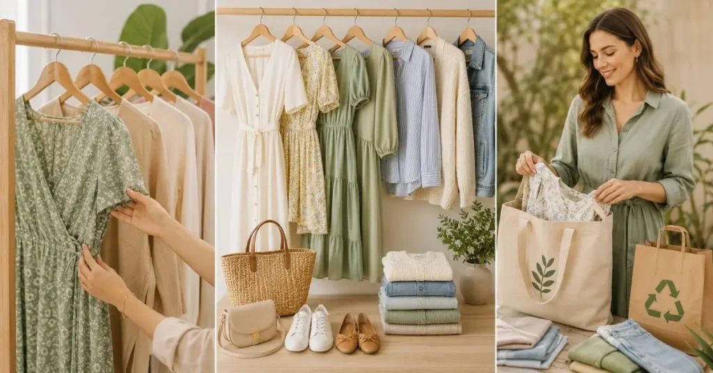 Sustainable spring fashion concept image featuring eco-friendly outfits, natural fabrics, and pastel seasonal tones, representing stylish and environmentally conscious clothing choices for spring.