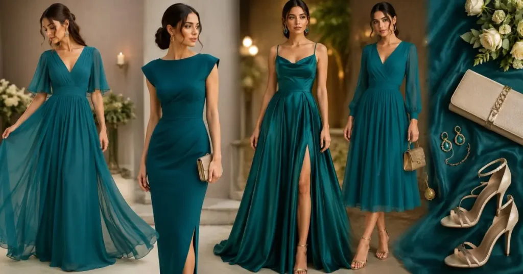 Elegant teal dress fashion collection featuring flowing satin and chiffon gowns styled for weddings, parties, formal events, and special occasions in 2026.