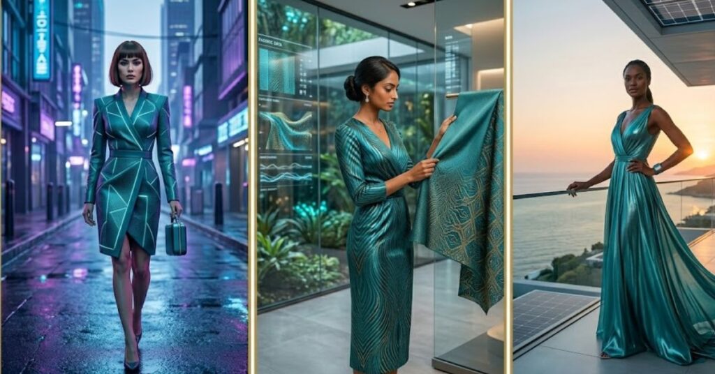 Teal dress trends for 2026 showcasing modern silhouettes, sustainable fabrics, statement sleeves, textured materials, and elegant contemporary fashion styles.