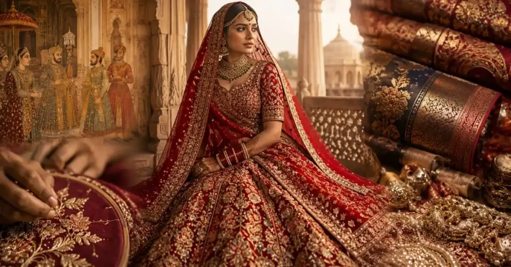 The Cultural Roots Behind Bridal Lehenga Styles 2026 featuring a South Asian bride in a luxurious red embroidered lehenga with traditional zardozi craftsmanship, royal Mughal-inspired architecture, Banarasi fabrics, and timeless bridal heritage.
