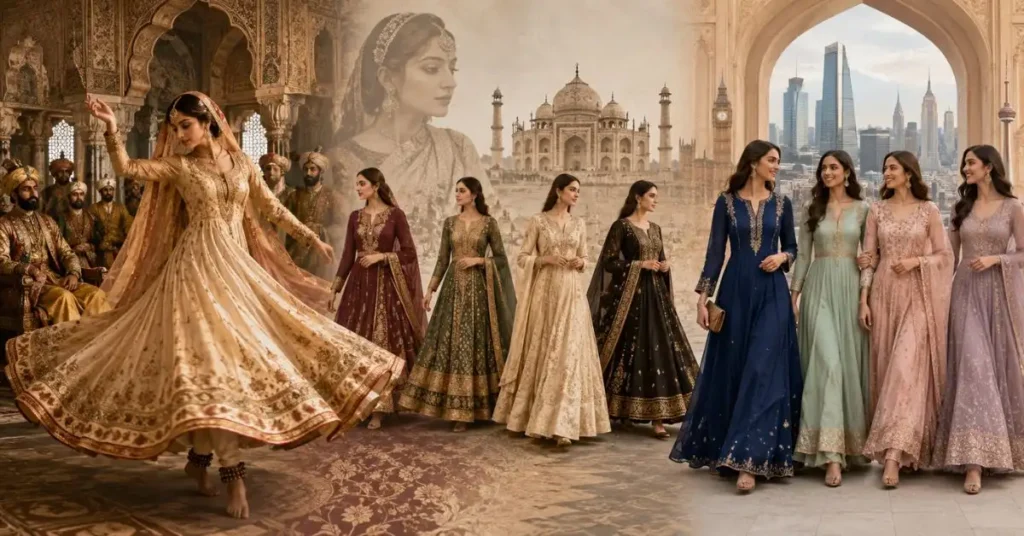 The History and Origin of the Anarkali Dress: Elegant Anarkali dresses inspired by the Mughal era, showcasing the evolution of the traditional royal silhouette from historic court attire to modern South Asian fashion.