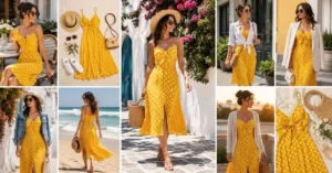 Woman wearing a stylish summer yellow polka dot dress with matching accessories in a sunny outdoor setting