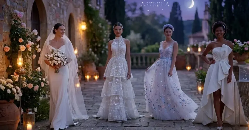 Top bridal dress trends for 2026 showcasing modern silhouettes, luxurious fabrics, and elegant designs with contemporary wedding fashion styles.