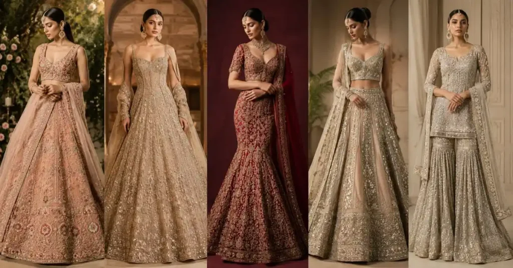 Top Bridal Lehenga Styles 2026 featuring A-line, ball gown, mermaid, panelled, and sharara bridal lehengas with intricate embroidery, luxurious fabrics, and elegant South Asian wedding fashion.