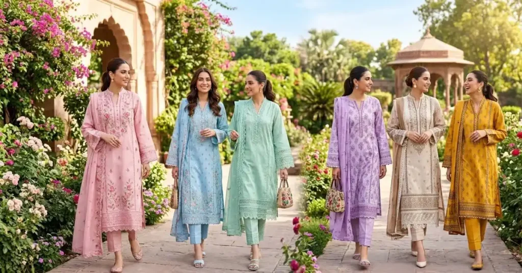 Popular summer colors in Pakistani lawn outfits, including pastel and vibrant shades.