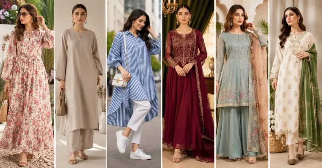 Top latest dress designs trending this year featuring floral prints, minimalist fashion, casual chic outfits, elegant evening wear, and modern fusion styles for women.