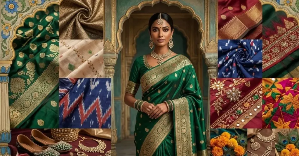 Traditional and modern South Asian fashion styles featuring classic cultural attire, contemporary silhouettes, intricate embroidery, luxurious fabrics, and elegant fusion-inspired designs.