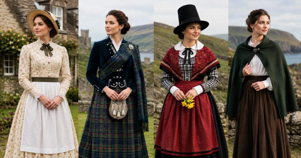 Traditional clothing styles from England, Scotland, Wales, and Northern Ireland showcasing unique British heritage fashion.