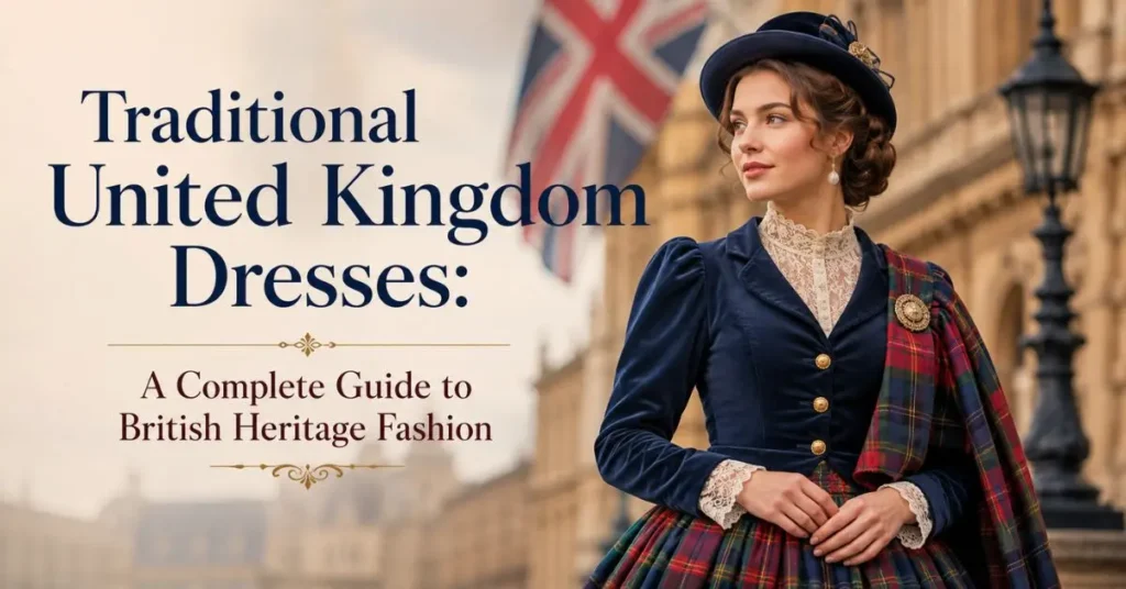 Elegant British heritage fashion featuring a woman in Traditional United Kingdom Dresses.