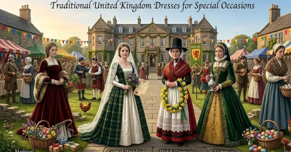 Traditional United Kingdom Dresses for special occasions featuring elegant British heritage fashion for weddings, festivals, and formal events.