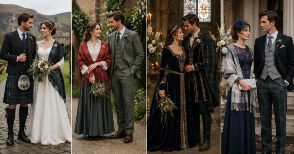 Heritage-inspired UK wedding outfits featuring tartan accents, tweed suits, lace gowns, and shawls, set in elegant outdoor and chapel wedding scenes.