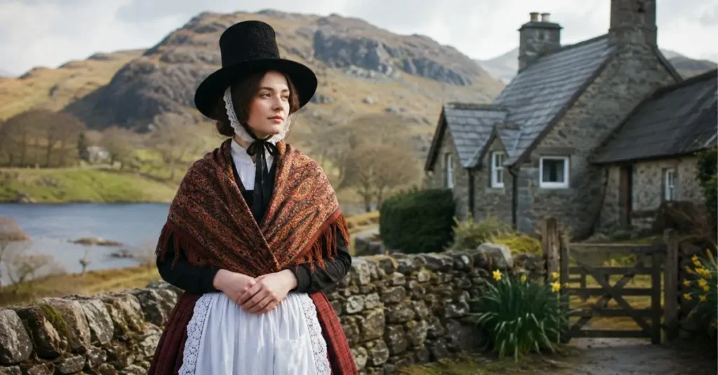 Traditional Welsh national dress featuring a tall black hat, patterned shawl, white apron, and long skirt, worn in a rustic countryside setting with stone cottages and rolling hills.