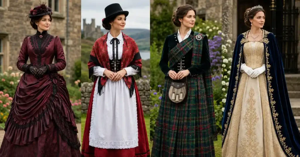 Traditional women's attire in the United Kingdom featuring elegant Victorian gowns, tartan outfits, and classic British heritage fashion.