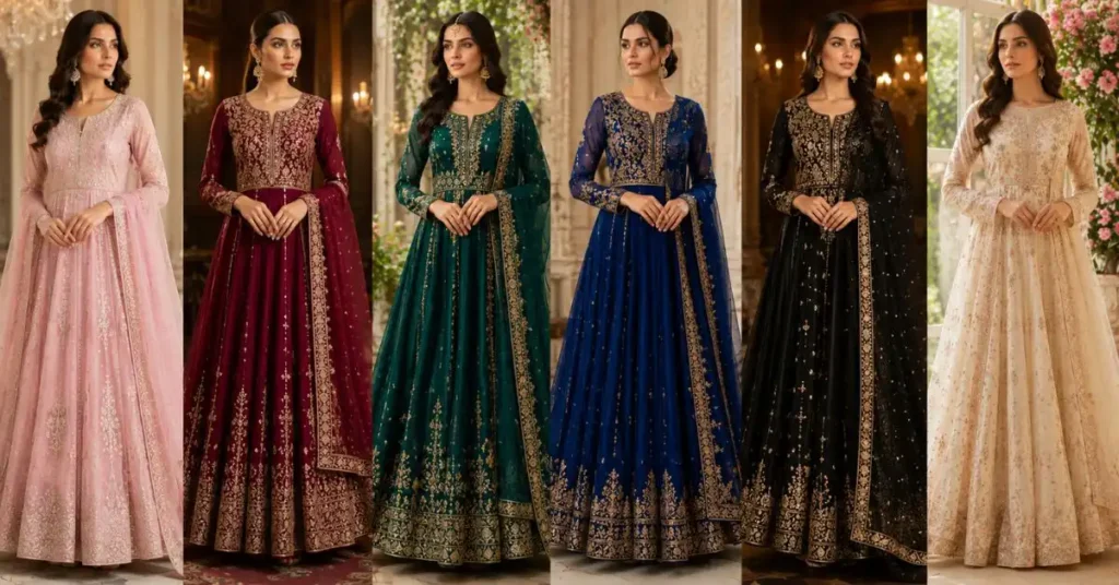 Trending 2026 Anarkali Dress colors featuring pastel pink, maroon, emerald green, royal blue, black, and ivory designs with elegant embroidery for weddings, festive occasions, and party wear