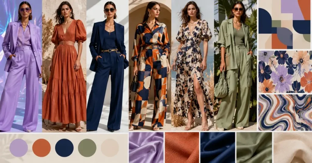 Modern American fashion dresses featuring trending 2026 colors, floral prints, polka dots, pastel shades, and bold contemporary patterns