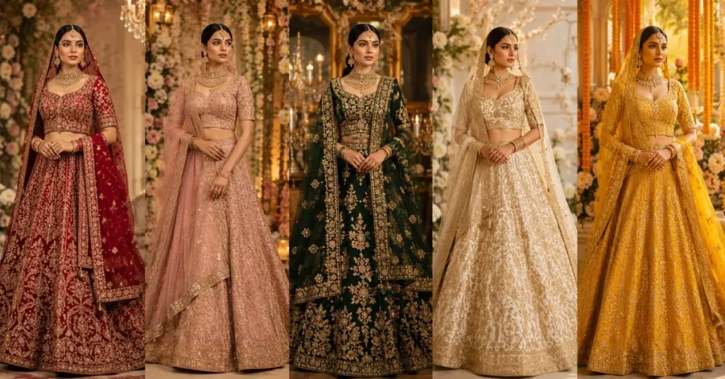 Trending Colors for Bridal Lehenga Styles 2026 featuring South Asian brides in elegant red, blush pink, emerald green, ivory, and saffron yellow embroidered lehengas with luxurious bridal styling.