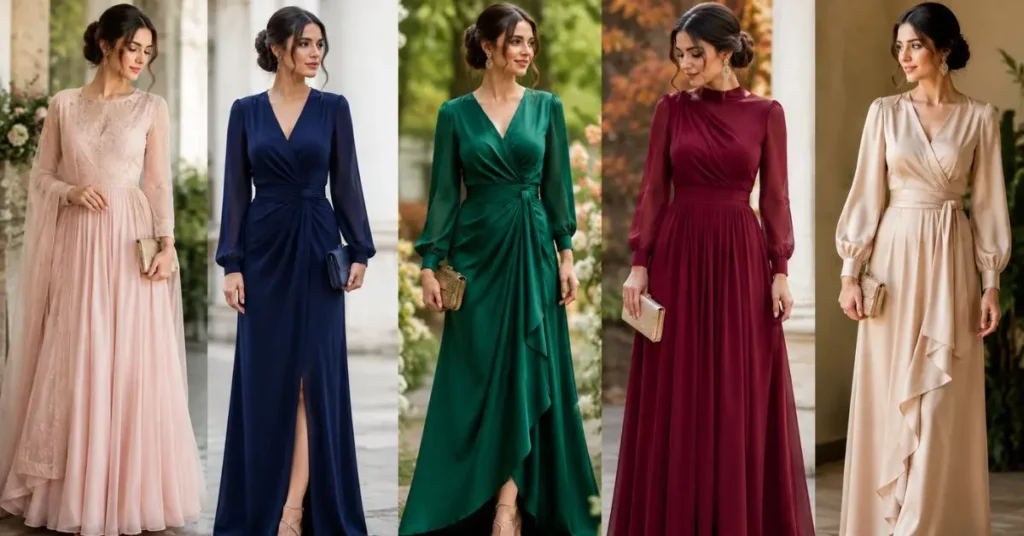 “Color palette showcasing trending wedding guest colors for British celebrations, including soft pastel shades like pink, lavender, blue, and mint green, along with navy blue, emerald green, burgundy, and soft neutral tones such as champagne, taupe, and beige, arranged in an elegant and stylish visual display.”