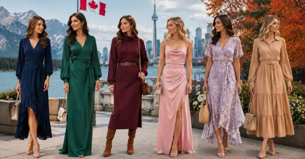 Group of women wearing elegant Canada dresses in trending 2026 colors such as burgundy, emerald green, navy blue, soft pink, beige, and lavender in a stylish outdoor fashion setting.