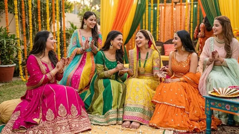 Vibrant Mehndi celebration color palette featuring elegant traditional outfits in yellow, green, orange, pink, pastel, and multicolor shades with festive wedding decor and intricate ethnic fashion details.