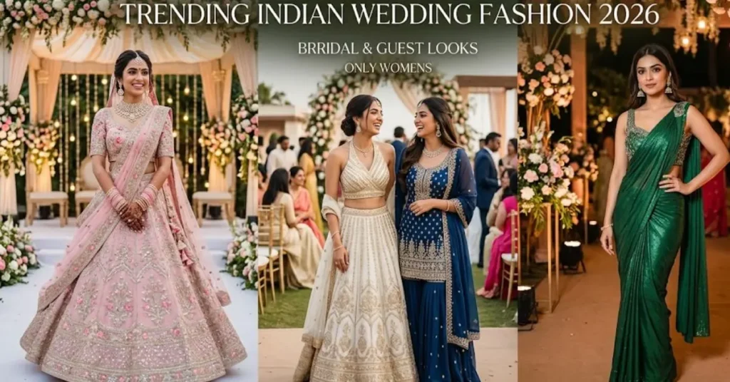 Elegant Indian bridal fashion trends for 2026 featuring luxurious lehengas, intricate embroidery, modern silhouettes, and traditional wedding attire with contemporary styling.