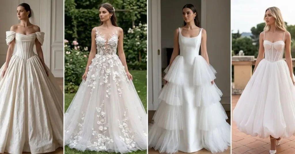 Trending princess wedding dress styles in 2026 showcasing off-shoulder designs, long sleeves, minimalist elegance, floral embroidery, and sparkling crystal details in modern bridal fashion.