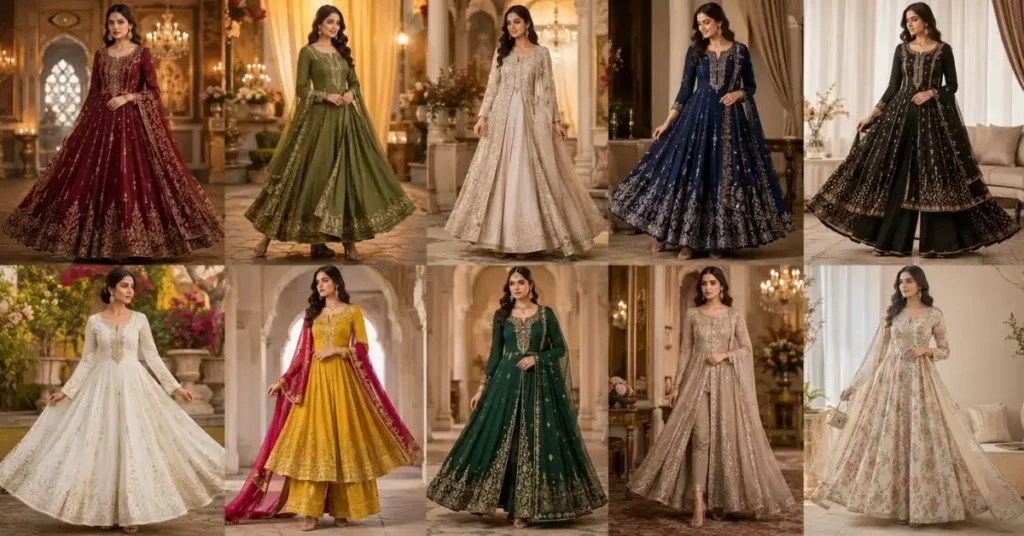 Types of Anarkali Dress Styles: Collection of elegant Anarkali dress styles including floor-length, midi, jacket style, embroidered, palazzo, front slit, and cotton designs in a variety of colors and fabrics for weddings, festive occasions, and everyday wear.