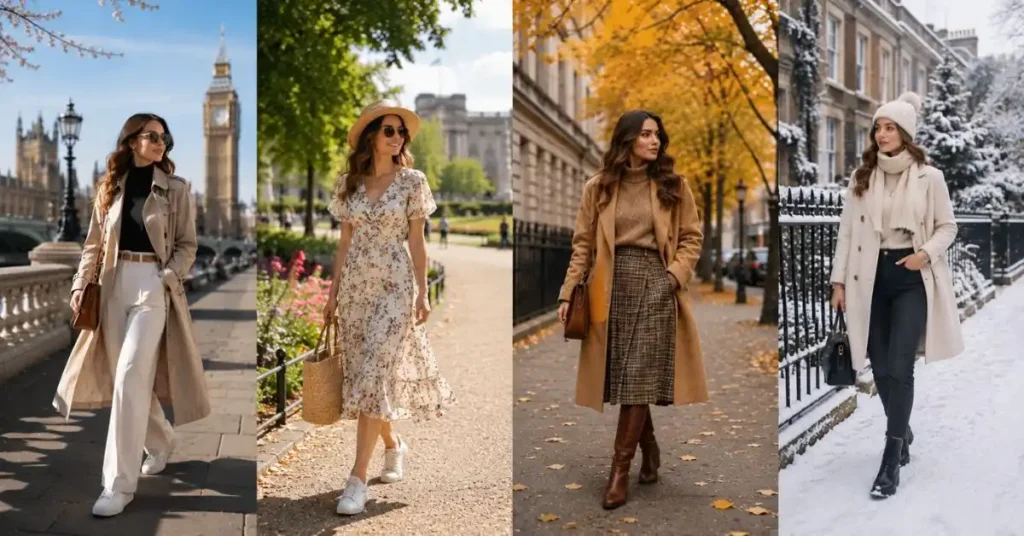 Split-screen showing spring floral dress on left and autumn layered coat on right.