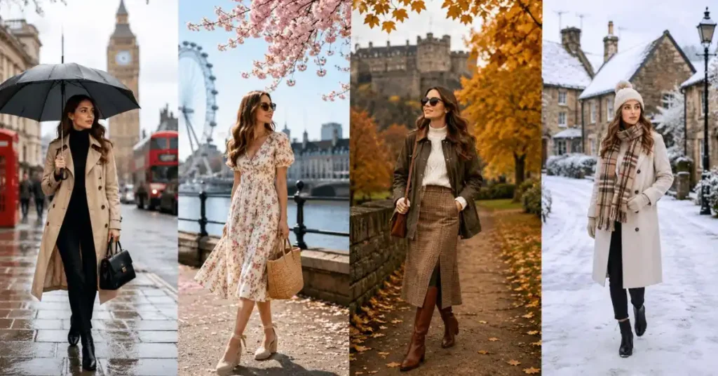 Women wearing stylish United Kingdom dress styles for every season in spring, summer, autumn, and winter fashion.