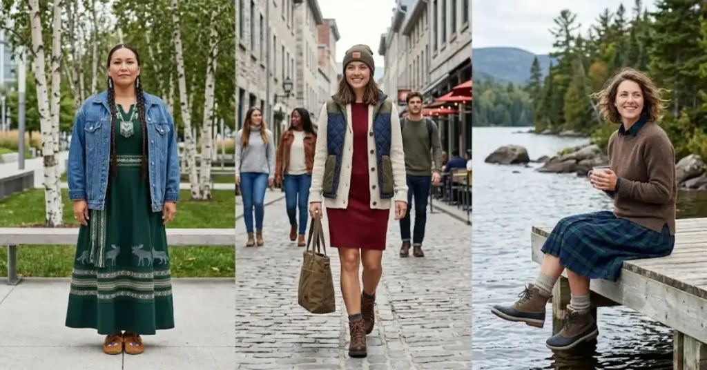 A 3-panel split image showcasing casual Canadian dress styles: a tiered leaf-print midi dress, a royal blue knit dress, and an olive green utility dress.