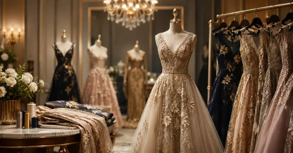 What Are Designer Dresses? Elegant luxury designer dresses displayed in a high-end fashion boutique, featuring premium fabrics, intricate craftsmanship, exclusive designs, and sophisticated tailoring.