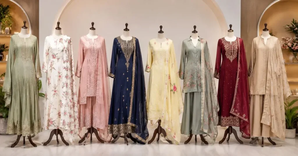 Latest dress designs featuring elegant modern fashion styles, trendy outfits, premium fabrics, and contemporary clothing trends displayed in a stylish boutique setting.
