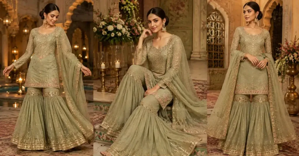 Woman wearing a traditional gharara suit with a fitted knee section, flared lower pants, embroidered kurta, and matching dupatta.