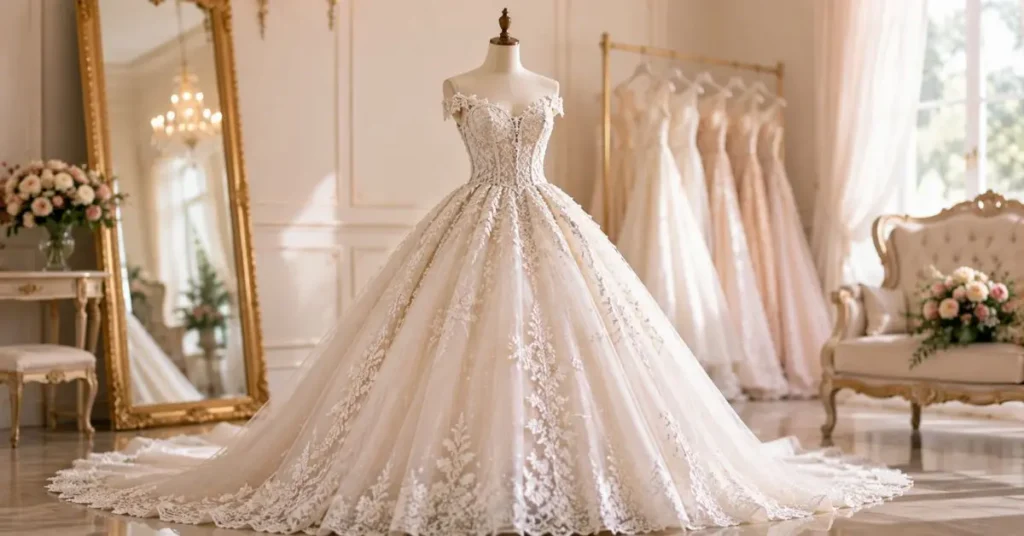 Elegant princess wedding dress with a fitted lace bodice, voluminous ball gown skirt, delicate embroidery, and a royal-inspired bridal silhouette displayed in a luxurious bridal boutique.