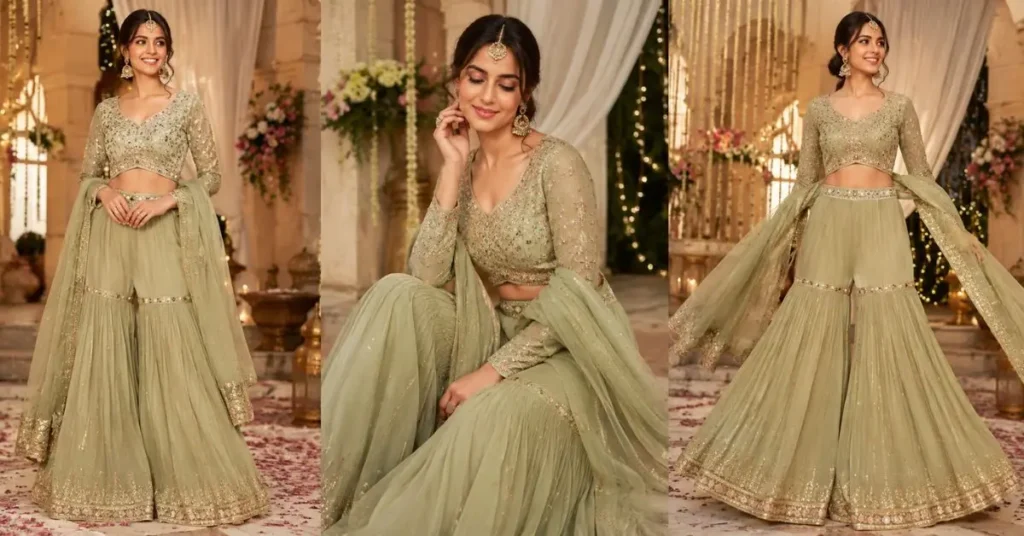 Woman wearing a traditional sharara suit with a flared silhouette, embroidered kurta, and matching dupatta.