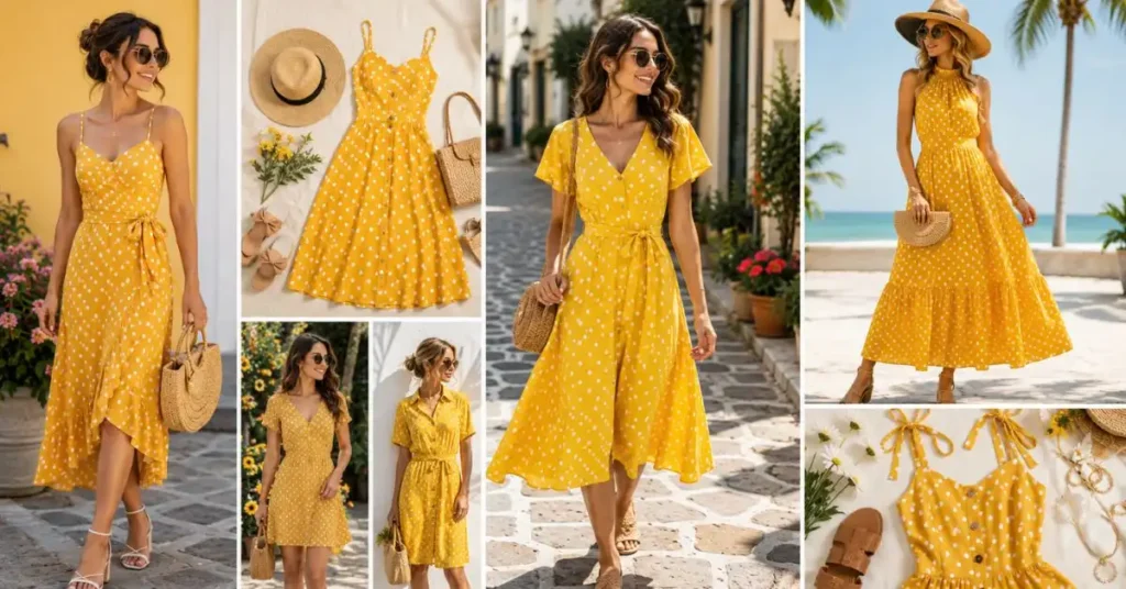 Woman wearing a classic summer yellow polka dot dress with a flowy silhouette, perfect for warm-weather fashion and casual elegance.