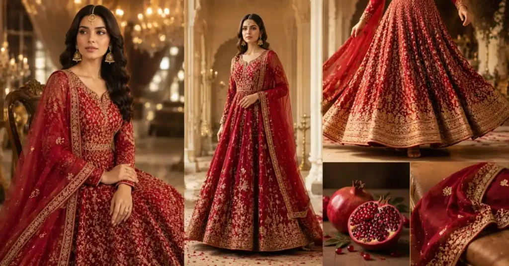 Elegant woman wearing a traditional embroidered Anarkali Dress with a flowing flared silhouette, paired with a matching dupatta in a luxurious South Asian palace setting.