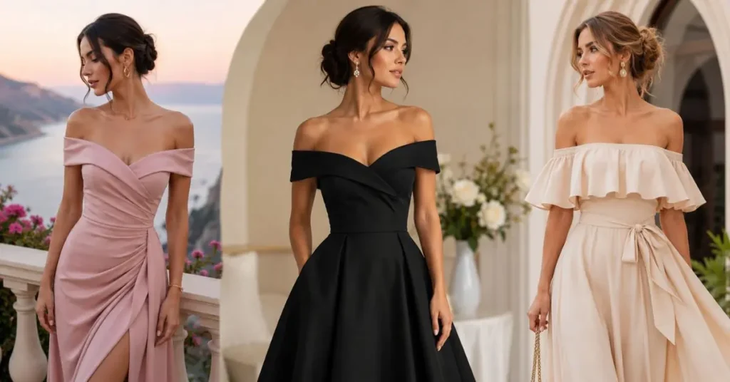 Elegant off shoulder dress showcasing a stylish neckline that leaves the shoulders exposed, creating a fashionable and feminine look suitable for casual outings, parties, and special occasions.