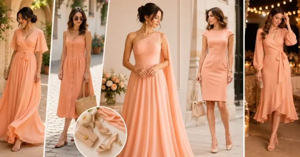 Elegant peach dress fashion popularity concept highlighting soft color, feminine style, and versatile outfit trends for modern women.