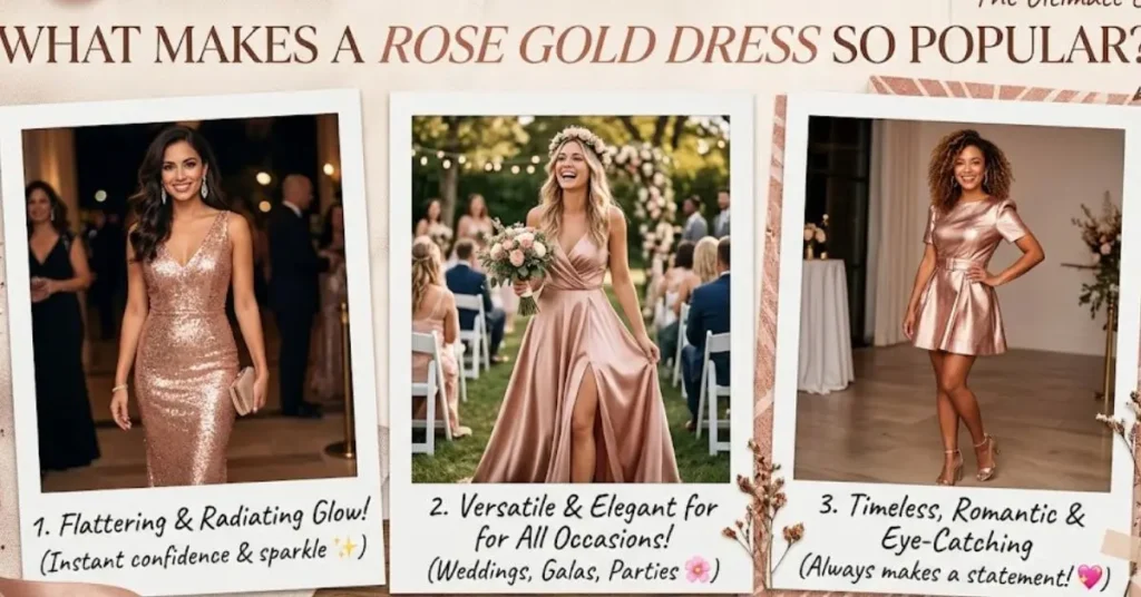 Stylish woman wearing a rose gold dress with a shimmering metallic finish, showcasing the elegance, versatility, and modern appeal that make rose gold dresses popular for parties, weddings, and formal occasions.