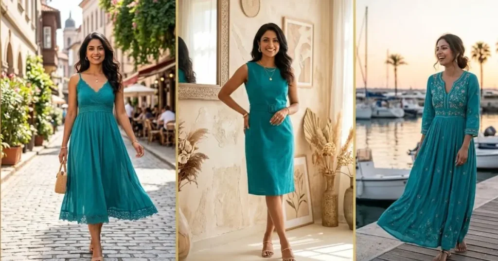 Elegant woman wearing a teal dress that highlights the color’s timeless beauty, versatility, and sophisticated style for both casual and formal occasions.